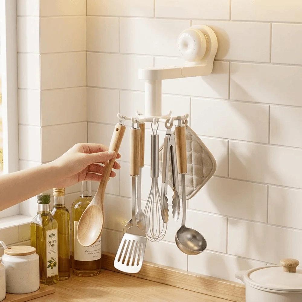 Rotatable Kitchen Rotating Hook Space-Saving with Suction Cup Suction Cup Hook Six-Claw Wall Mounted Storage Rack Cabinet