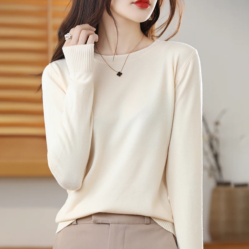 Suéter de cuello redondo para mujer, Jersey de punto de Color sólido de manga larga, Top básico versátil informal Simple, novedad de otoño e invierno