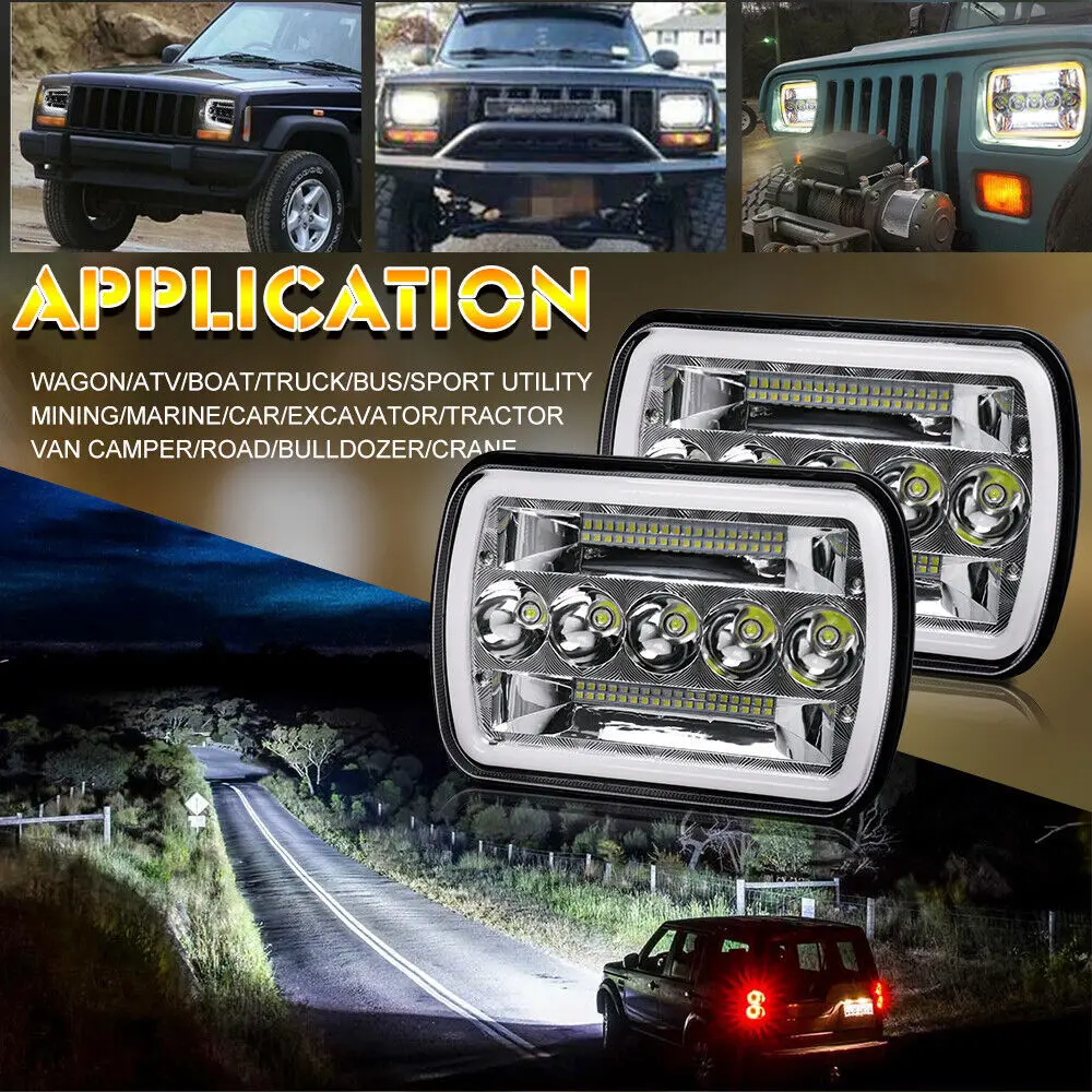 

Car 6x7 Inch Led Headlights Amber DRL Automotive Square Headlamp 6000K White Assembly For Jeep Cherokee XJ Wrangler YJ