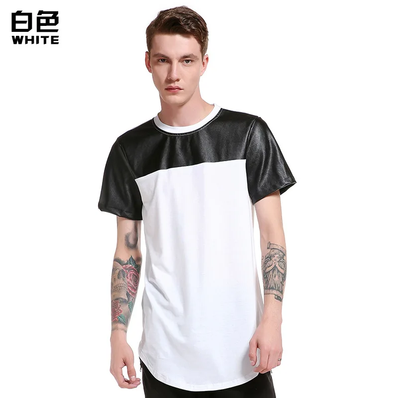 Harajuku Hip Hop T Shirt Men Patchwork Leather T-shirt Streetwear Men Skate Tee Shirts Arc hem Swag Clothes Camisetas XXL