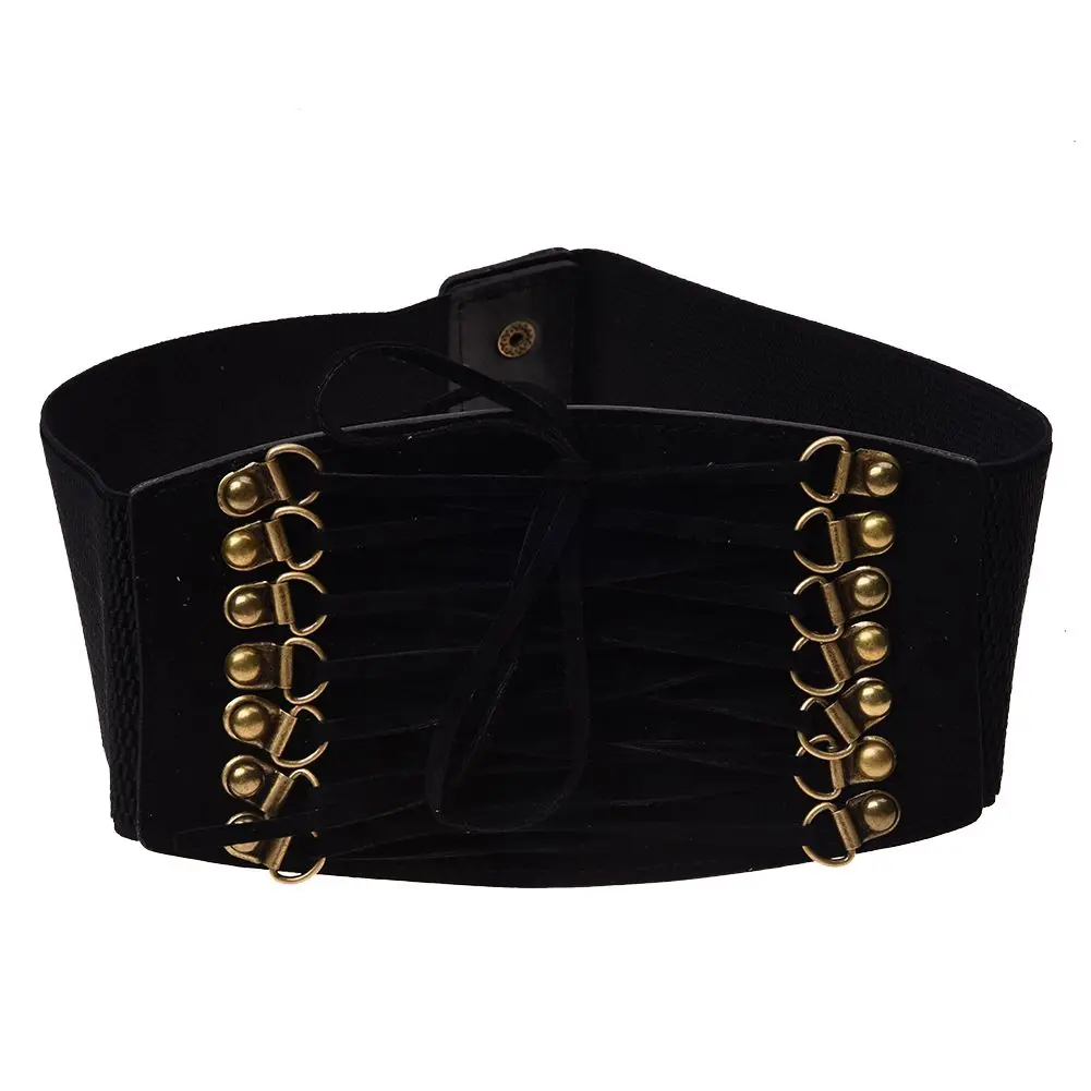 

Women's Rivet Elastic Buckle Wide Waist Belt Waistband (Black)