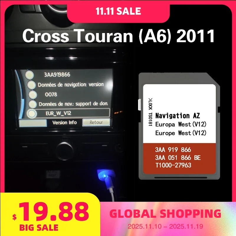 

for VW Cross Touran (A6) 2011 SD Map Navigation AZ V12 WEST Europe RNS 315 Memory Card