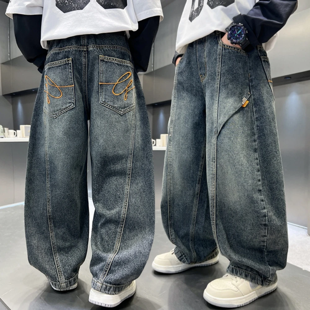 

Детские повседневные джинсы для подростков, детские осенние джинсовые штаны, модные винтажные брюки для больших мальчиков, хлопковые спортивные штаны, одежда