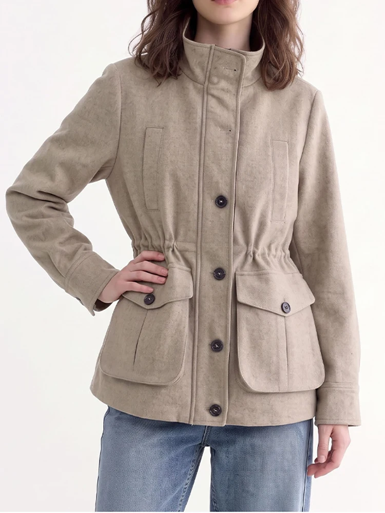 Stand neck long sleeve light linen grey women's jacket, Fall/Winter 2026 new cargo wool blend cropped jacket