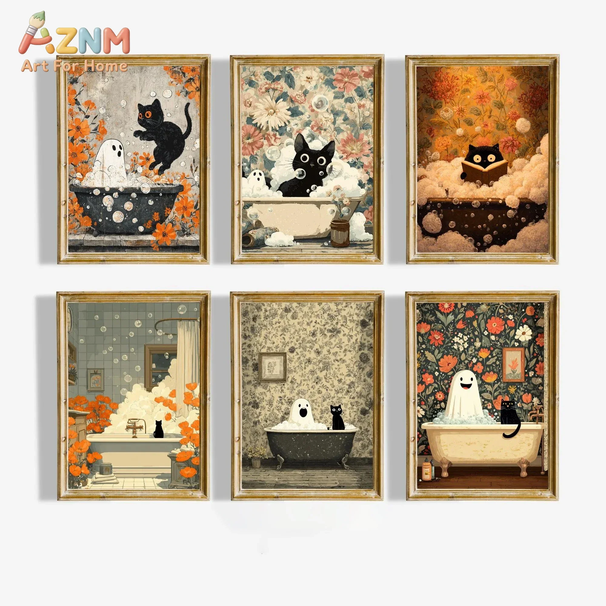 AZNM Frameless Canvas Wall Art, Vintage Floral Black Cat Ghost Bathtub Foam Funny Halloween Art Print Poster for Bathroom Bedroo