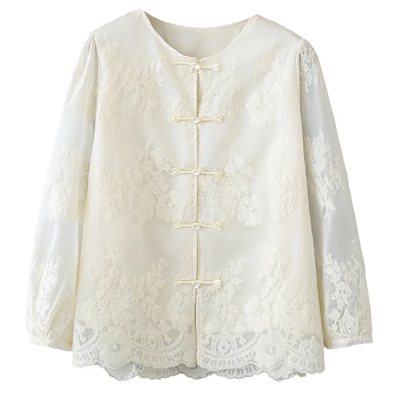 

2026 Spring Summer Plus Size Chinese Style Cardigan Embroidered Long Sleeve Double Layer Blouse Casual Coat For Ladies 6609