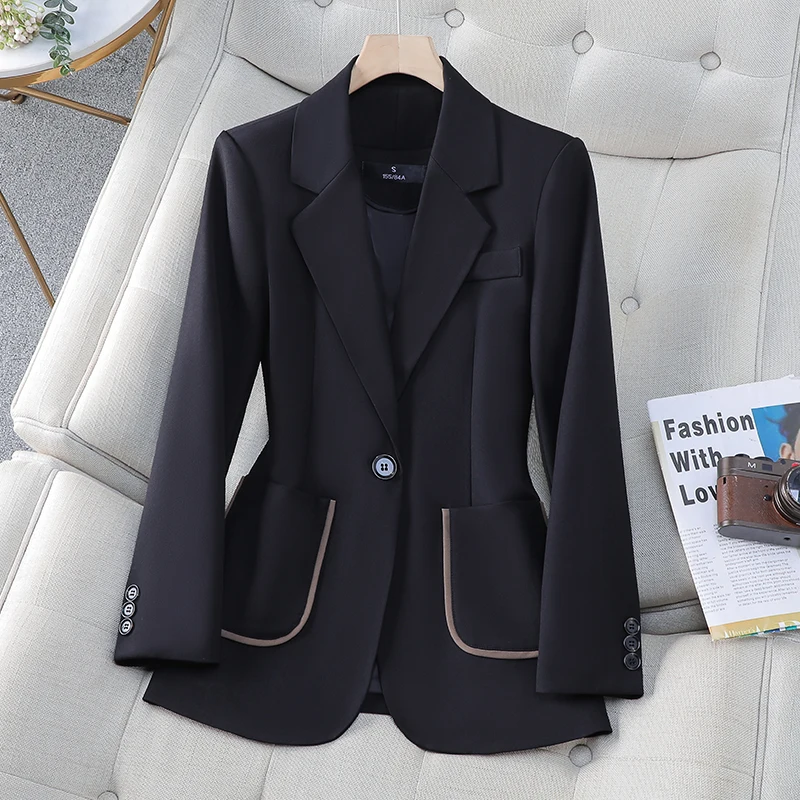 ZJYT Spring One Button Women Blazer Notched Long Sleeve Elegant Office Lady Blazers Mujer Solid Casual Veste Femme Outerwear