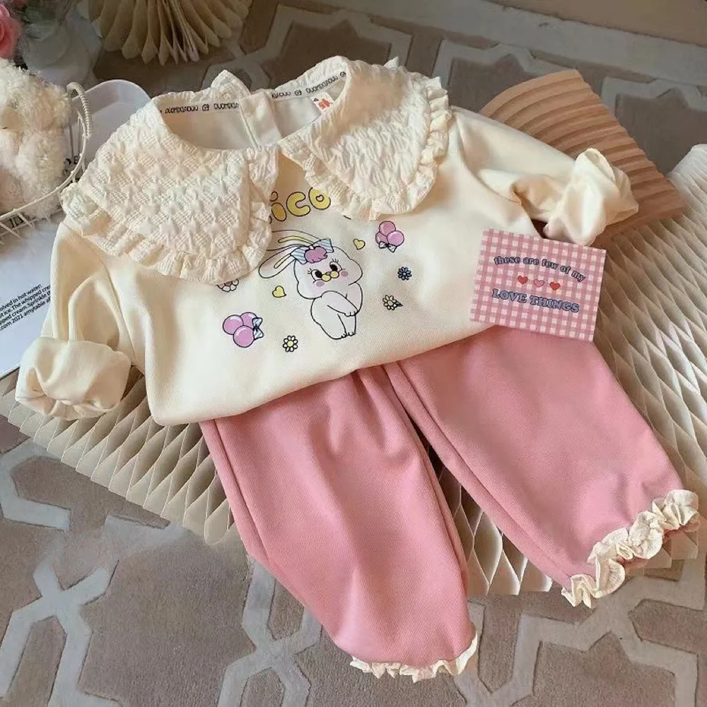 Conjuntos de ropa de moda para niños y niñas, sudadera con conejos de dibujos animados, Jersey, Tops y pantalones, 2 piezas, primavera y otoño,