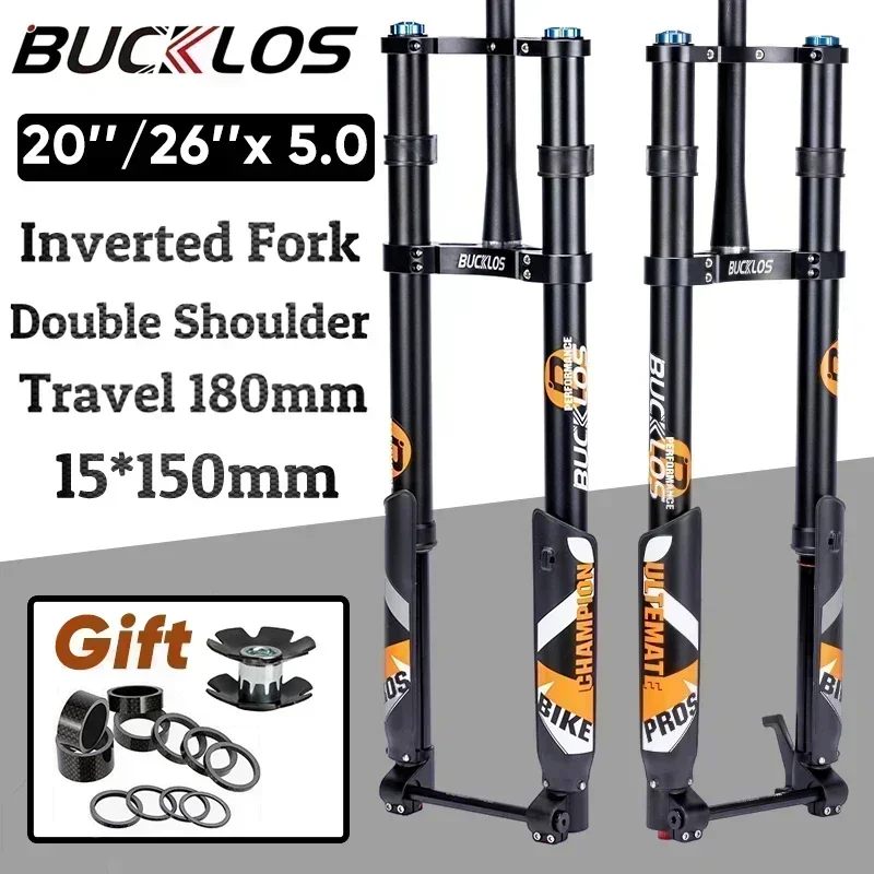 BUCKLOS Double Shoulder Inverted Air Fork 20*5.0 26*5.0 Fat Bike Fork Travel 180mm 15*150mm Thru Axle Bicycle Suspension Fork