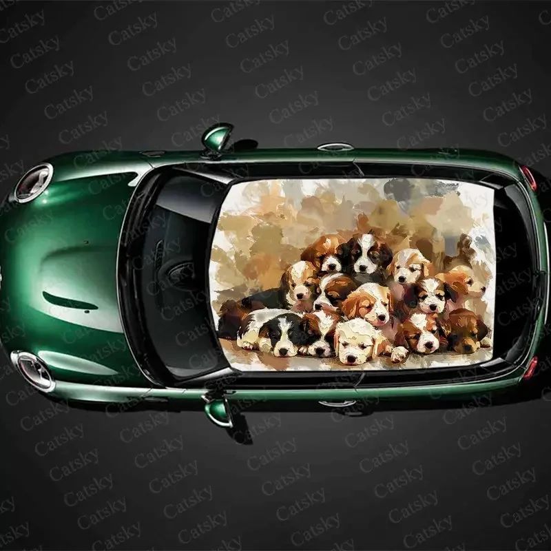 

Harmonious Dog Family Print Car Roof Sticker Wrap Racing SUV Auto Accessories Packaging PVC Car Hood Graphic Decal Decoration
