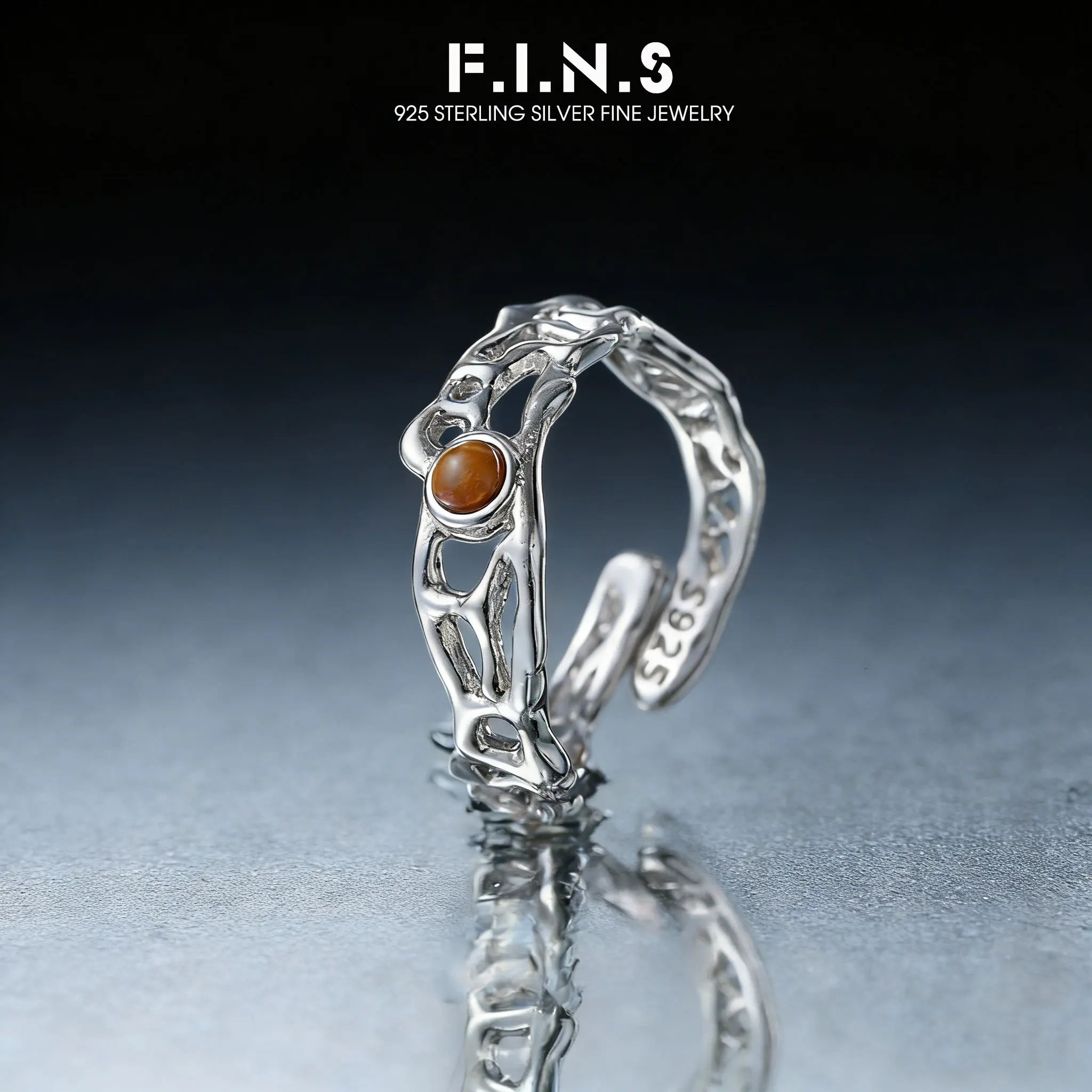 

F.I.N.S Original Unique Design Tiger Eye Stone S925 Sterling Silver Ring Irregular Hollow Texture Luxury Open Ring for Women