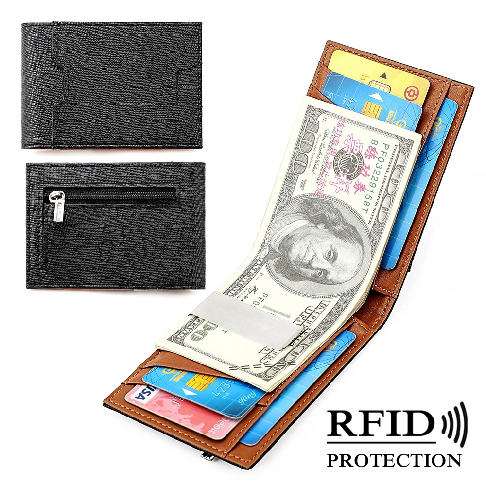

Винтажный мужской кошелек с зажимом для наличных, кожаный RFID-блокирующий двойной держатель для кредитных карт, тонкий кошелек для мужчин, карман для слота для карт