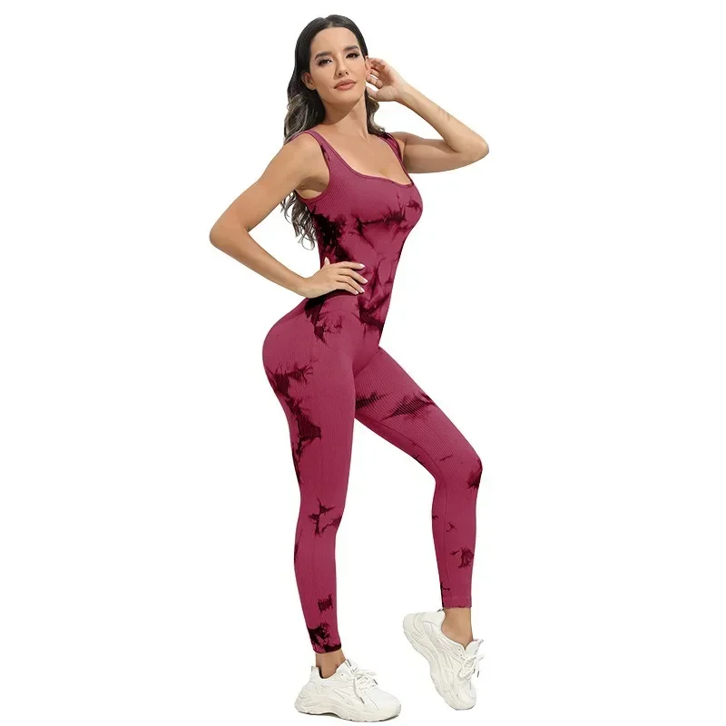 Kobiety Seveeless Tie Dye Body Suit Fitness Yoga Set Seamless Elastic Gym Running Cycling High Waist Hip Lift Knitted Sportwear