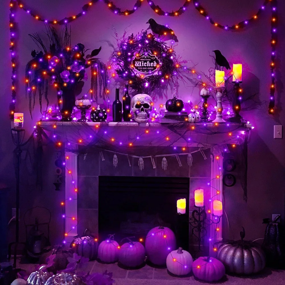 5 متر/10 متر/20 متر LED هالوين الأرجواني البرتقالي سلسلة الجنية أضواء في الهواء الطلق بطارية تعمل بالطاقة لعيد الميلاد حفلة حديقة ديكور الهالوين