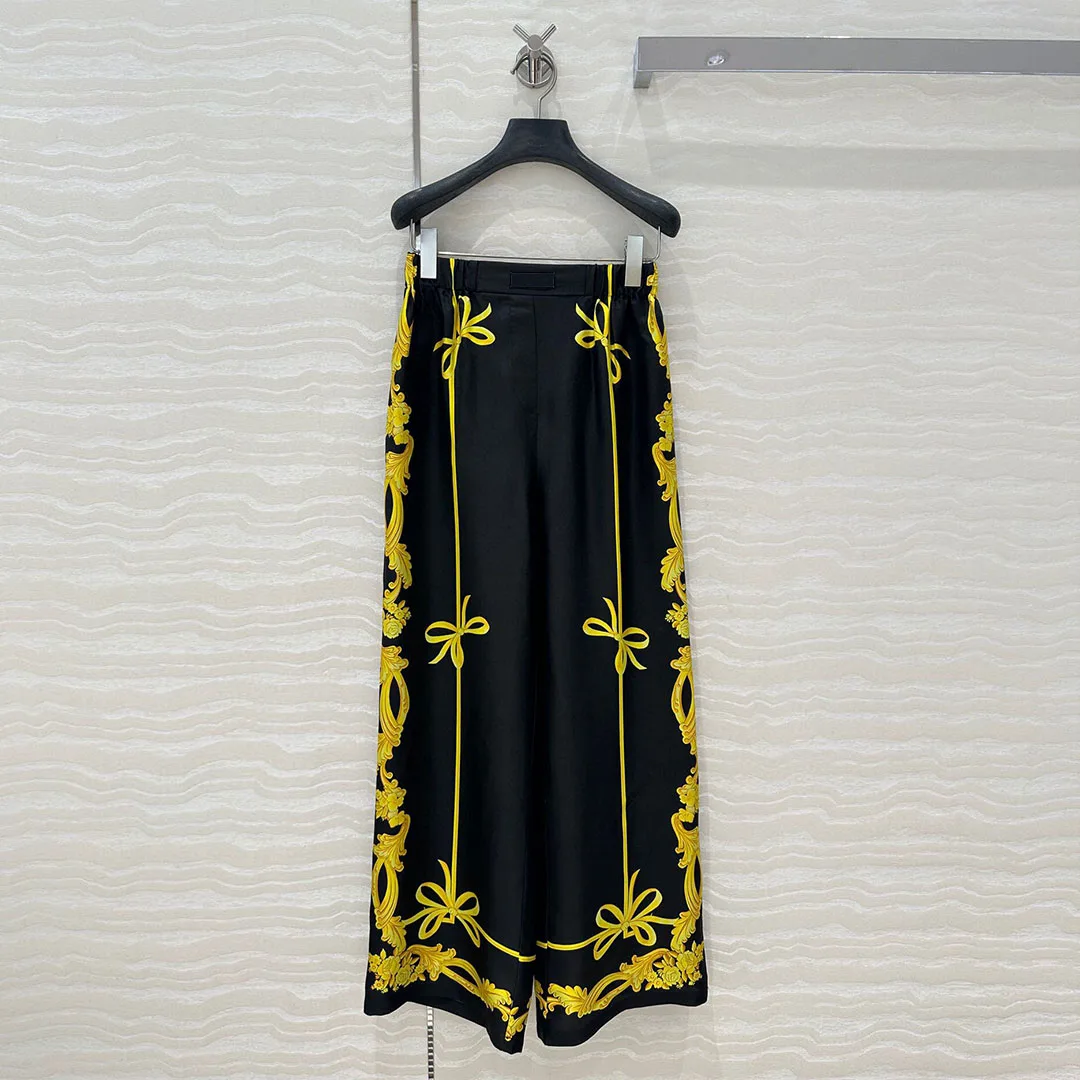 

2025 New Fashion Patchwork Floral Print 100% Silk Casual Pants Women Elastic High Waist Loose Wide Leg Trousers