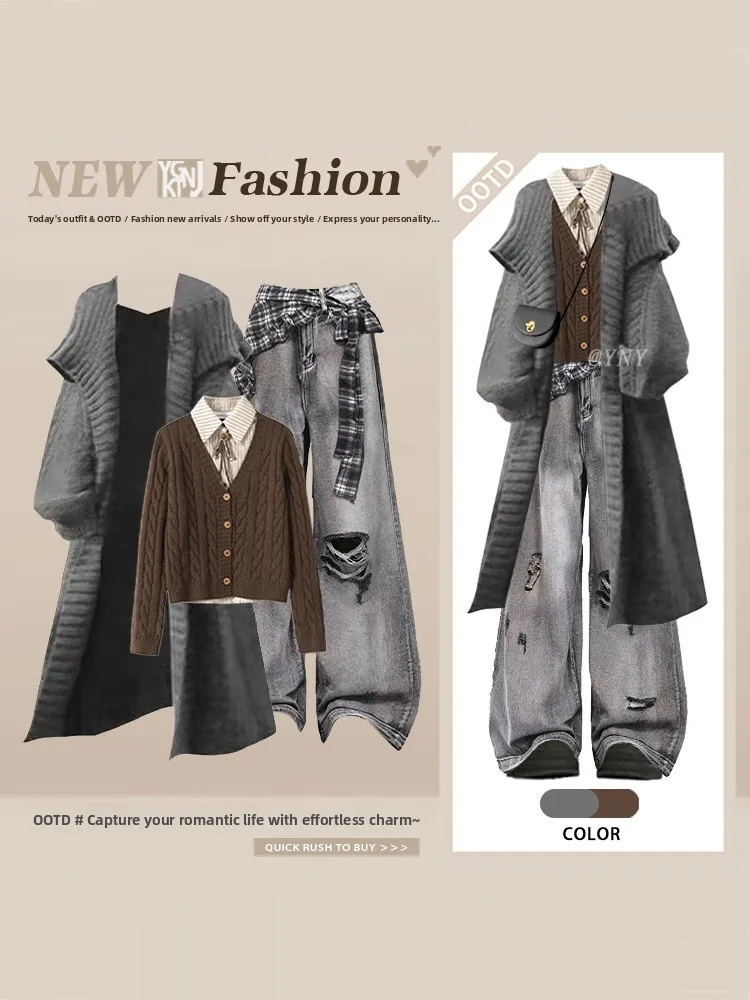 

Модный корейский женский осенне-зимний комплект одежды, свободный длинный вязаный свитер, джинсы с дырками, зимние длинные брюки с высокой талией