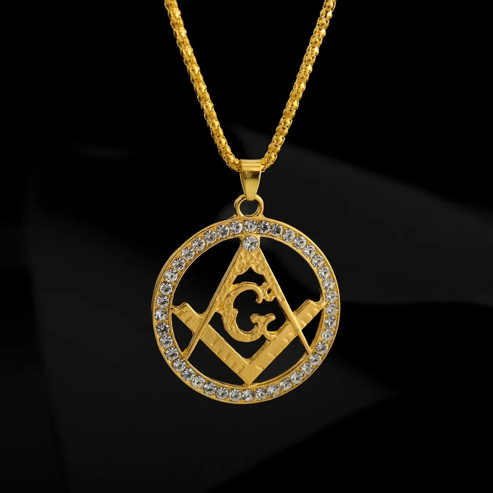 AG Masonic Round Men\'s Necklace Sliding Crystal Inlaid Pendant Metal Necklace Accessories Party Jewelry