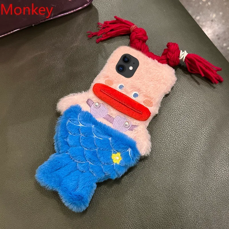 3D Cute Plush Mermaid Girls Gift Phone Case For Xiaomi 13T Redmi Note 12S 13 12 Pro 13C A3 Mi 14 X6 M6 Winter Fluffy Hair Cover