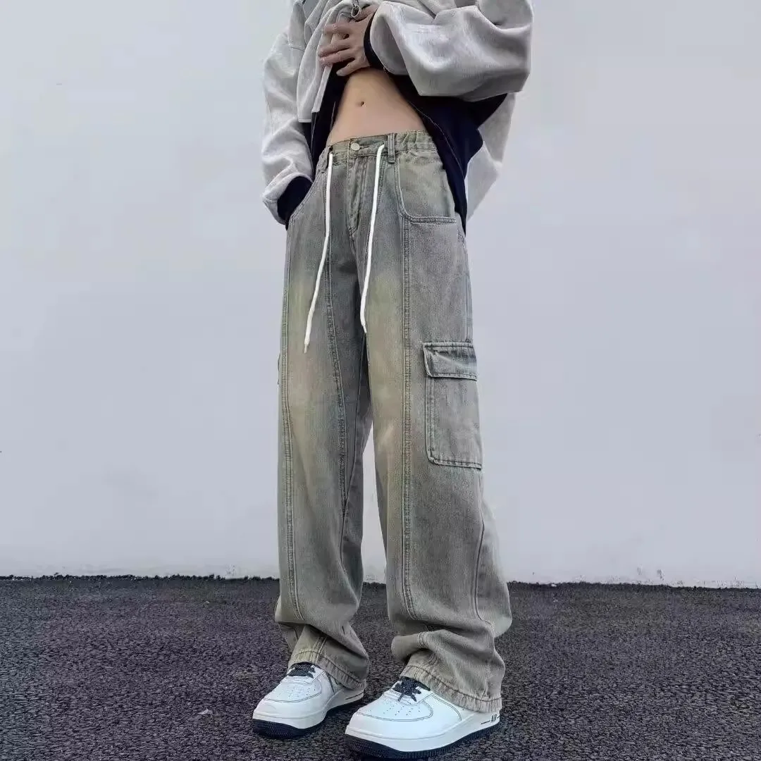 

American Sle Vintage Workwear Jeans Men's Loose Fit Casual Straight Leg Wide Leg Long Pants Durable Non-Sink Denim
