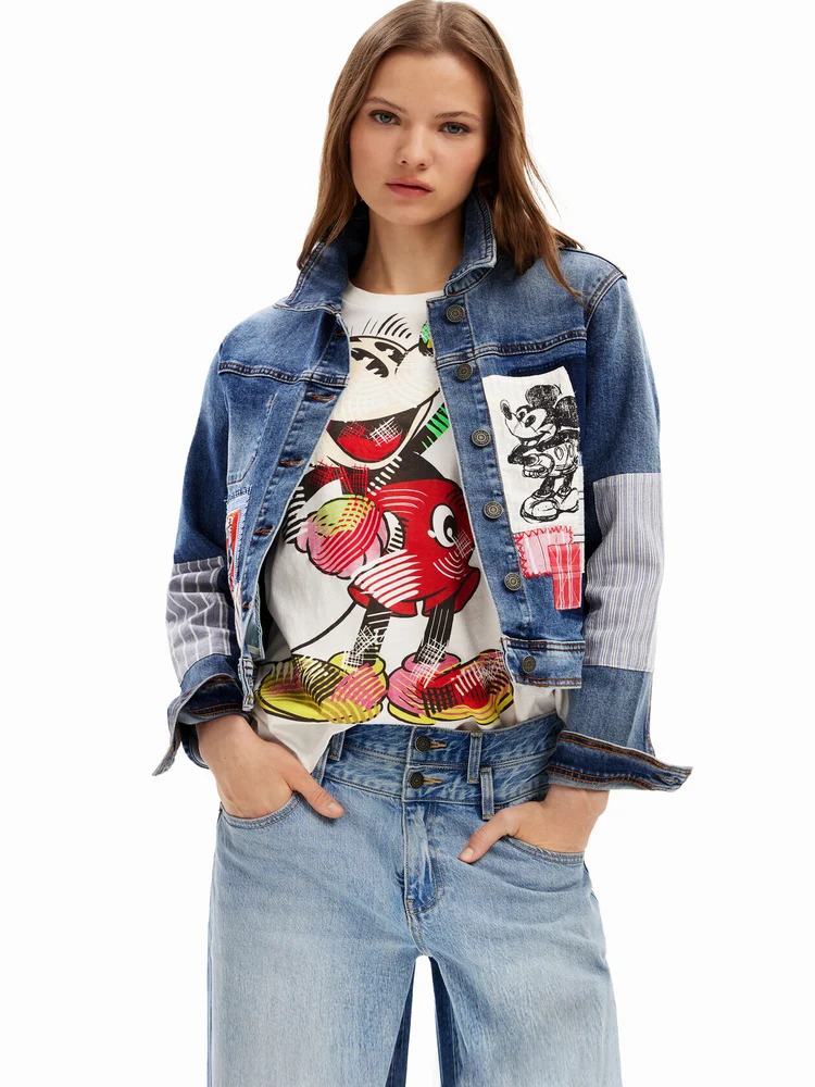 

Женское дышащее повседневное хлопковое джинсовое пальто с квадратным воротником из чистого цвета с мультяшным узором, длинное пальто све