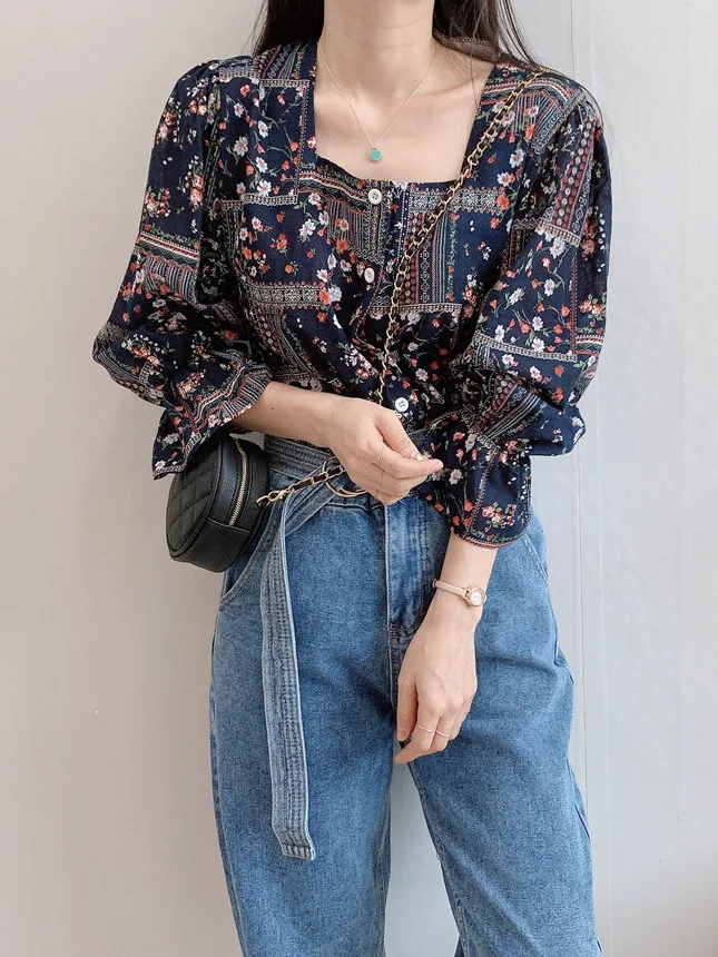 

Loose Bubble Sve irt for Women Dongda Gate Ethnic Pattern Square Collar Chiffon Sweet Lace Hem Chinese Sle Spring Summer