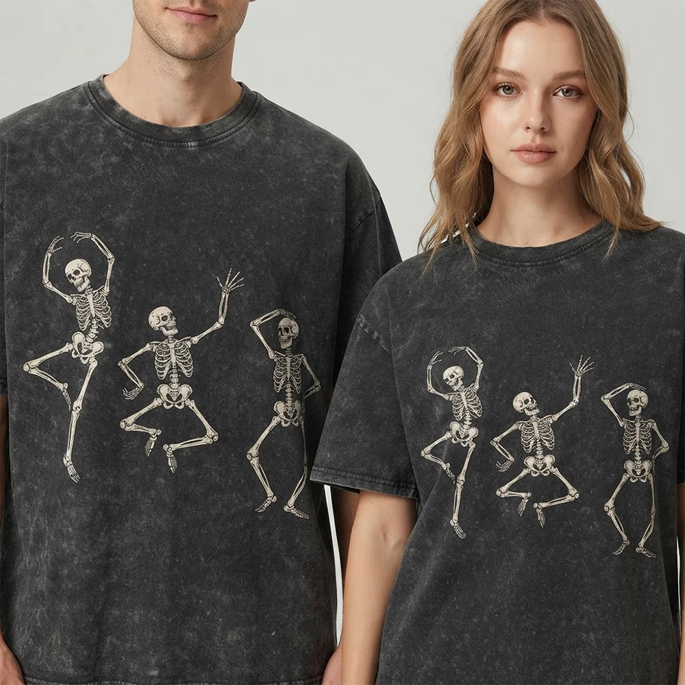 Unisex Vintage Graphic T-Shirt Casual Short Sleeve Dancing Skeletons Print Tee High Street Loose Top
