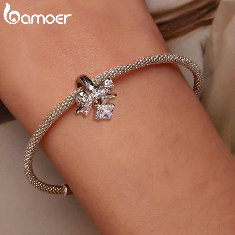 Bamoer 925 Sterling Silver Lace Bow Charms Beads CZ Flower Pendant Silicone For Women Fit Original DIY Bracelet Necklace Jewelry