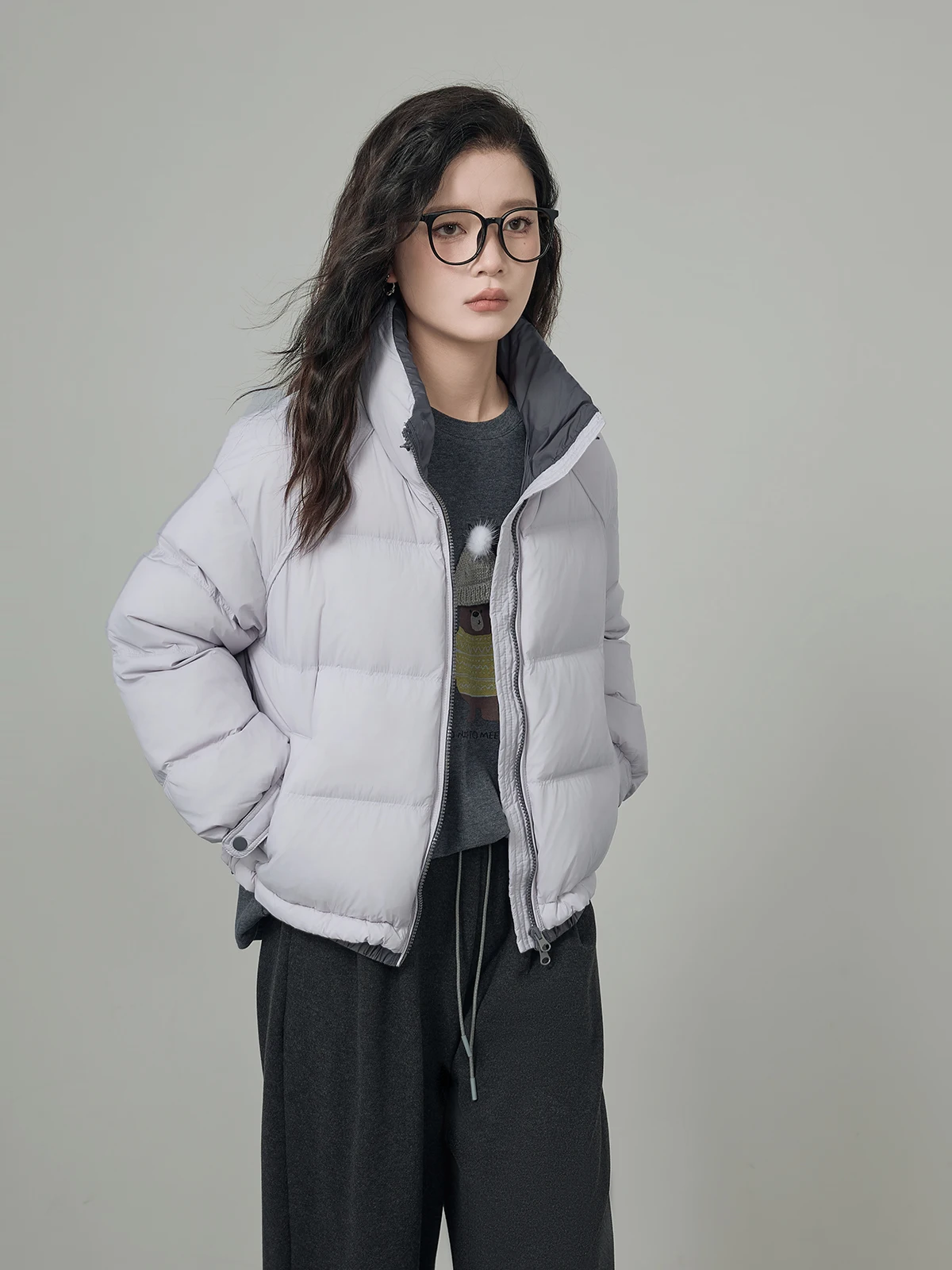 

HuiXi White Du down Purple Women's Jaet Winter 2025 New Splicing Design Warm Outerwear Commute Sle Korean Version