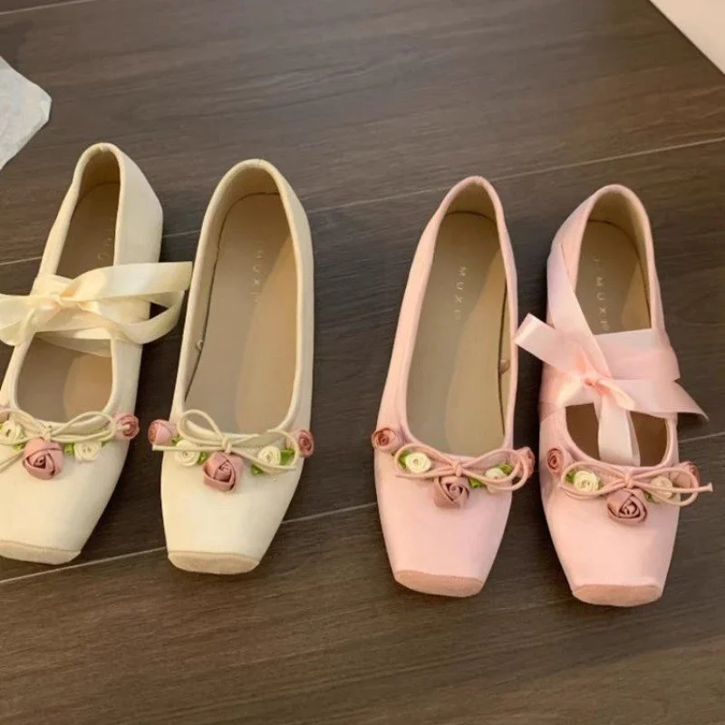 Women Flats Bow Marie Janes Shoes 2024 Spring New Lolita Dress Square Toe Shoes Designer Walking Sandals Female Elegant Zapatos