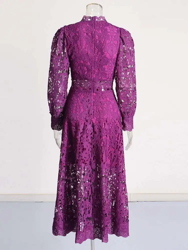 Robe vert violet pour femmes, col montant, manches longues, taille haute, découpée, couleur unie, robes mi-longues, vêtements féminins, nouvelle collection automne 2025 PA8W