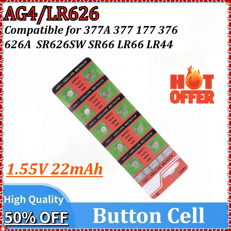 

10-200PCS 1.55V 22mAh LR44 AG4 Alkaline Button Battery AG4 377A 377 SR66 LR66 LR626 SR626SW for Car Key Clock Toy Calculator