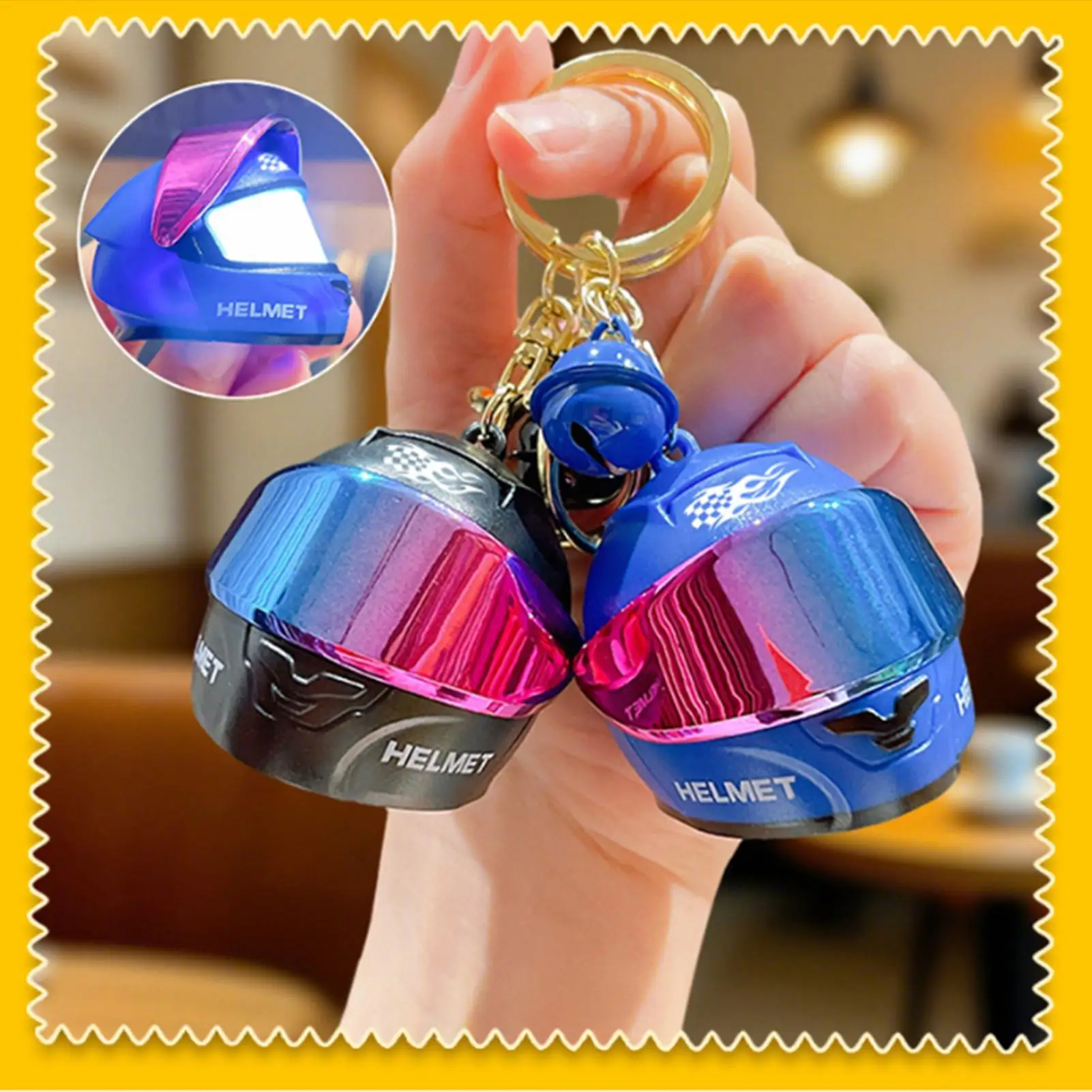 Light Up 3D Metal Mini Motorcycle Helmet Keychain Cool Glowing Helmet Key Ring Accessories for Men Father Boyfriend Car Lovers
