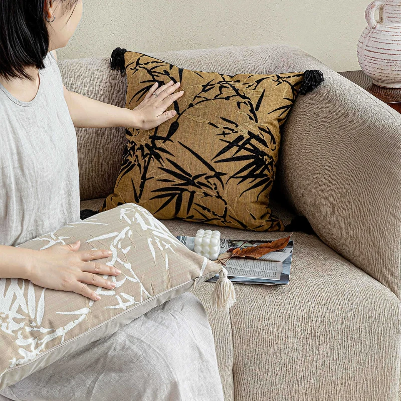 30X65/45X45/50X50CM Bamboo Leaf  Throw Pillow Cover Retro Tassel Stamping Waist Cushion Cover Decor Home Decorative Pillowcase