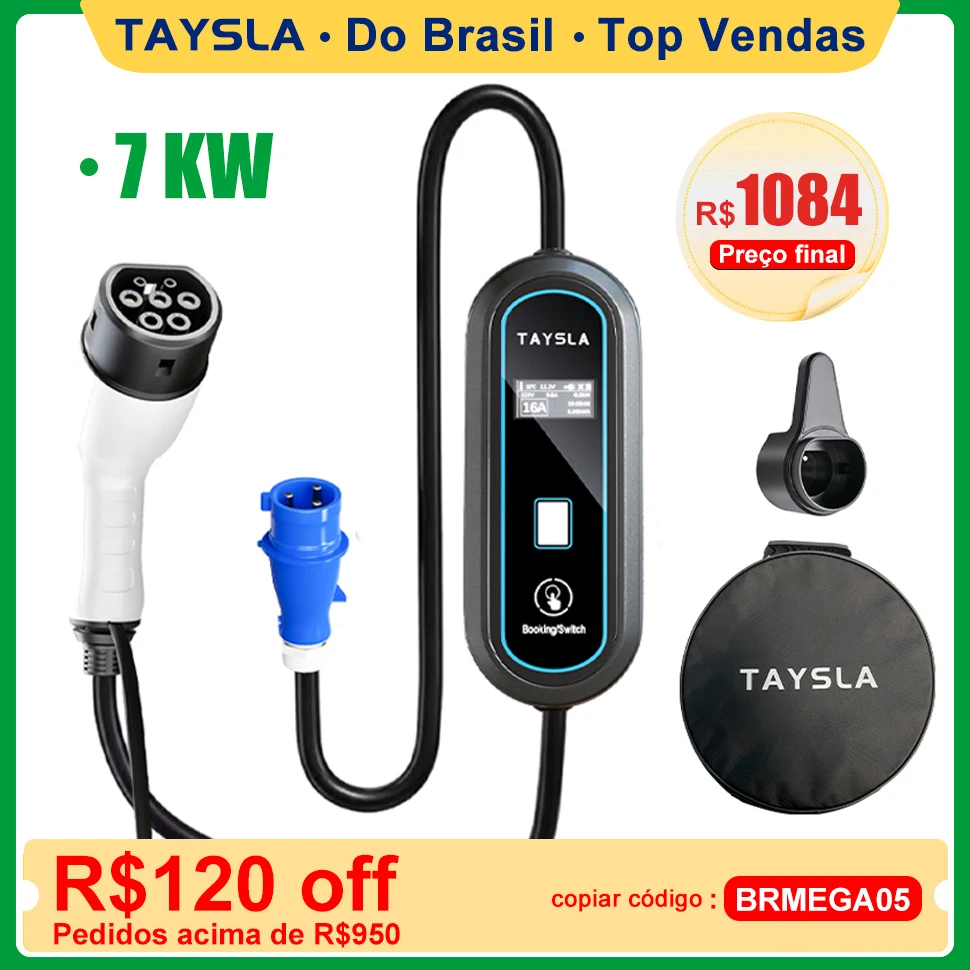 Taysla 7kw carregador de carro elétrico 32a tipo 2 portátil ev carregador 80v-260v cabo de carregamento wallbox para todos os veículos elétricos byd bmw