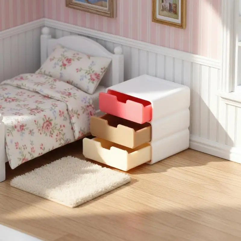 Realistic Mini Drawer Cabinet Bedside Table Model for Dollhouse Miniature Decorative Setup