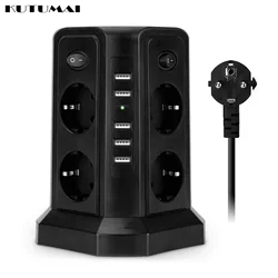 Vertical Power Strip Surge Protector Outlets with 5USB Charging Ports 1.8M Extension Cord EU Plug Multiple Tower Electric Socket