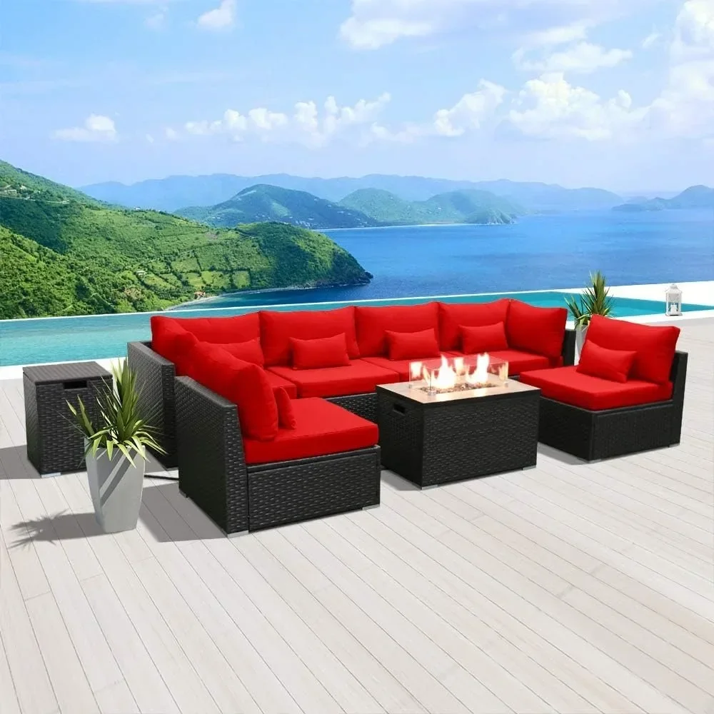 

Furniture Sectional Sofa with Gas Fire Pit Table Outdoor Patio Furniture Sets Propane Fire Pit red-Rectangular Garden Sofas