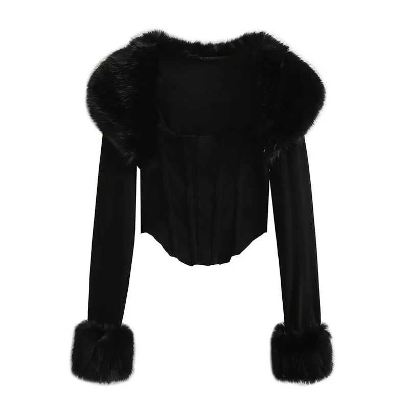 Crop Top For Women Fashion Fur Collar Knitted Tops Womens Elegant Sexy Coat 2023 Autumn Winter Jacket Woman Clothes Clothing