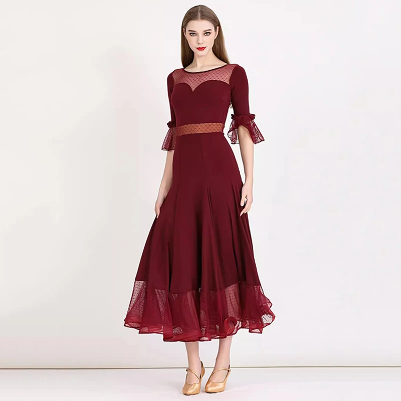 Elegantes schwarzes Gesellschaft stanz kleid für Frauen mit halben Ärmeln Modernes Tanz kleid Big Swing Party Tango Walzer Übungs kleidung