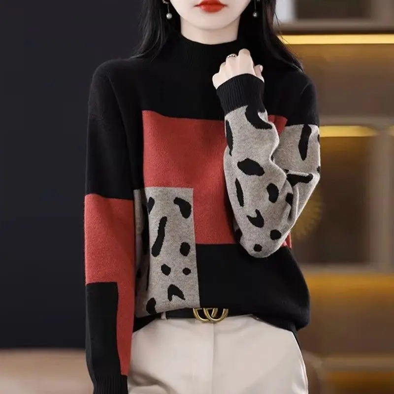 

Autumn Winter New Pullover Color Blocked Women's Sweater Half High Neck Loose Temperament Knitted Base Sweater Top for Women