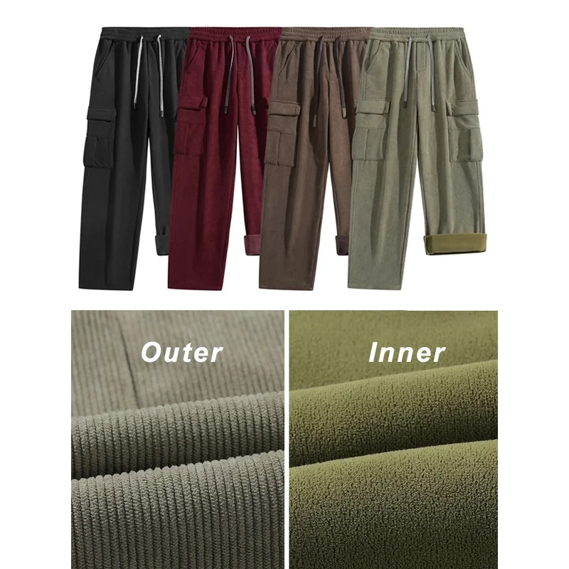 Winter Corduroy Sweatpants Men Multi-Pockets Fleece Liner Knit Cargo Pants Thicken Warm Casual Loose Straight Male Trousers