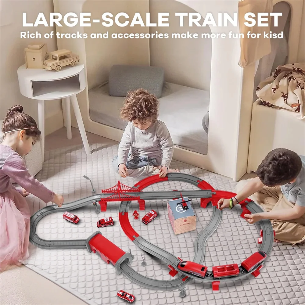 Set di treni giocattoli per bambini, set di binari da corsa HDJ 92 pezzi per ragazzi, regalo di compleanno per treni di Natale, giocattolo per camion dei pompieri con auto, elettroerosione (rosso)