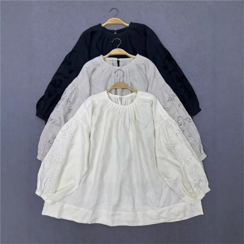 

Johnature 2025 Autumn New Women Casual Linen Shirts Hollow Embroidery Long Sleeve Pullover Loose Simple Blouses