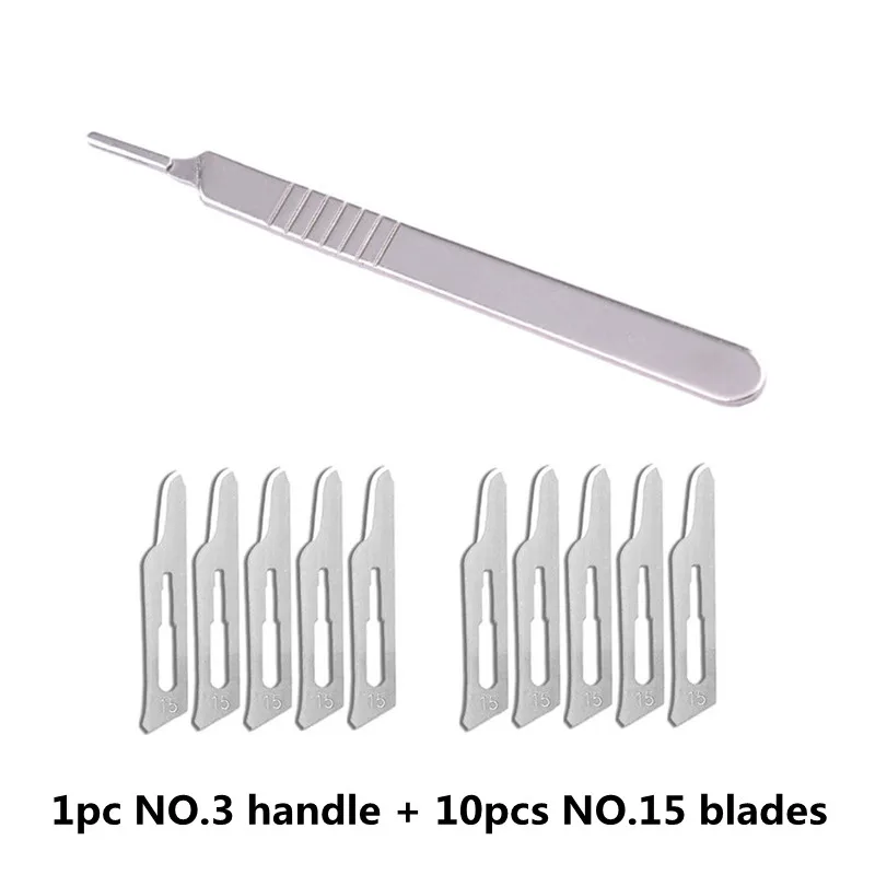 10pcs NO.15 Carbon Steel Surgical Scalpel Blades + 1pc 3# Handle Knife Carving Repair Tools DIY PCB Repair Animal Scalpel Set