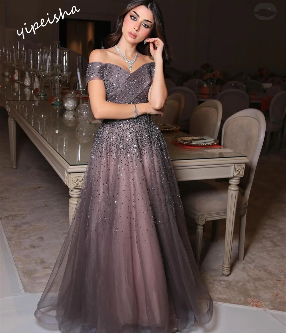 Gaun Prom gaun malam Tulle manik-manik menggantung gaun pesta Natal Off-the-shoulder Bespoke gaun acara gaun panjang Arab Saudi