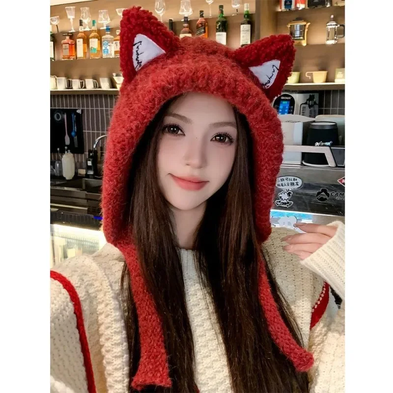 2024 Red Cute Fox Ears Plush Hat, Women's Winter Plush Thickened Warm Ear Protector Versatile Bomer Hat for Lover Gift