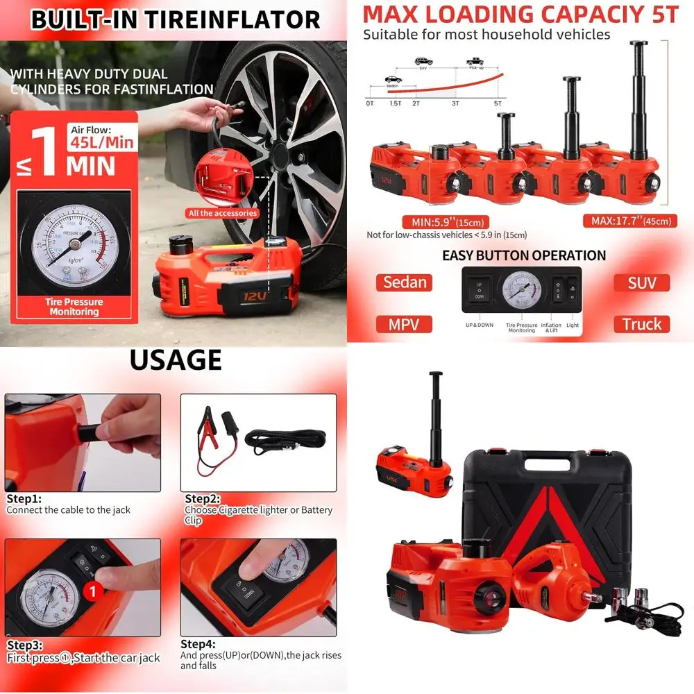 

12 В 5-тонный портативный электрический гидравлический автомобильный домкрат с ударным ключом, накачивателем шин и светодиодной подсветкой для внедорожников, седанов, ремонта грузовиков