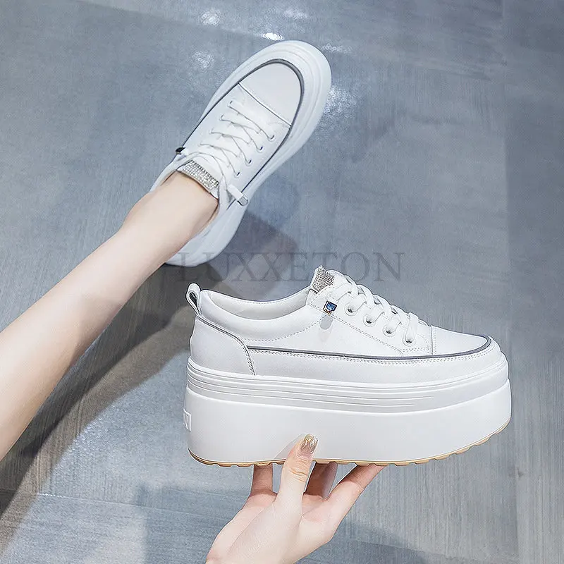 8cm White Genuine Leather Platform Heel Women Flats Shoes Comfortable Casual Creepers Chunky Sneaker Summer Shoes Women