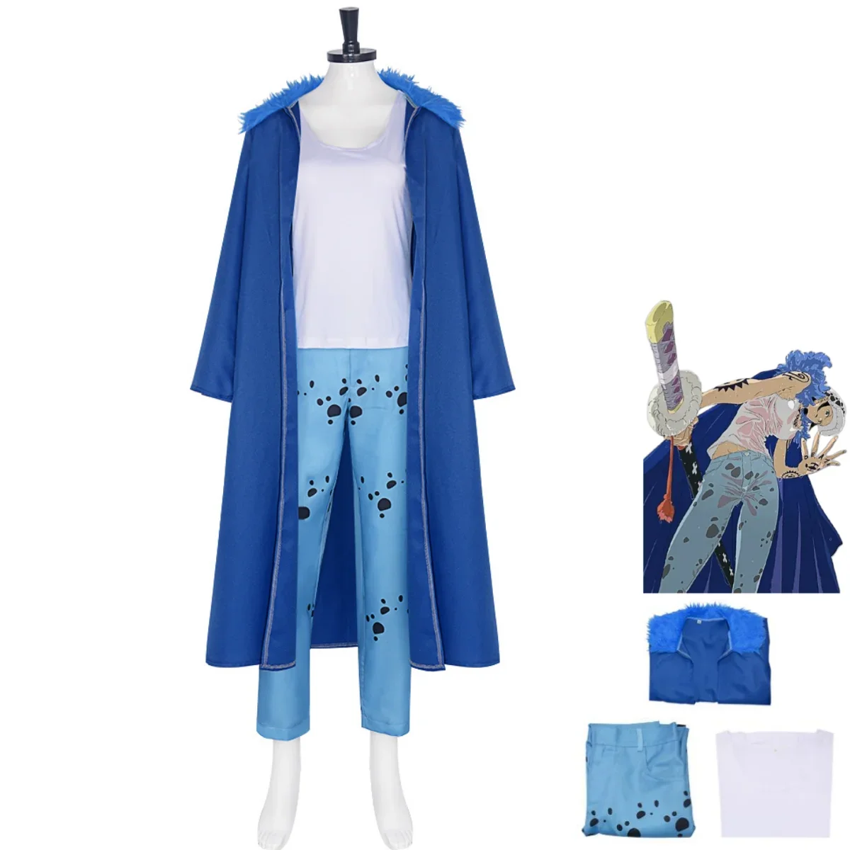 

Anime Trafalgar D. Water Law Cosplay Costume Female Blue Woolen Collar Cloak Cape Uniform Adult Woman Halloween Carnival Suit