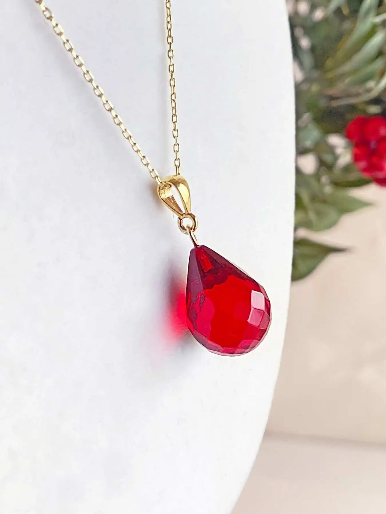 

Faceted Red Amber Necklace - Gold Plated Silver Necklace - Ruby Free shipping-Amber stone jewelry-Free Shipping for woman